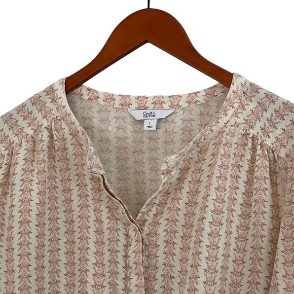 Croft & Barrow Cotton Blend Pink Ivory Floral Round Neck Button Down Shirt, L - Picture 2 of 11